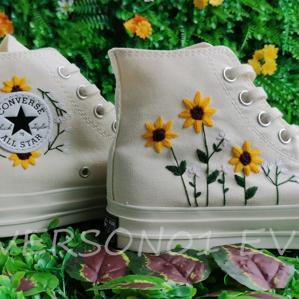 Custom Converse Embroidered Shoes Converse Chuck Taylor 1970s Custom Embroidered Sunflower Converse Shoes for Her Wedding Gift