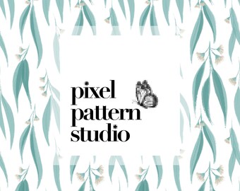 Puede incluir: Un patrón sin costuras con un diseño repetitivo de hojas de eucalipto azul claro y flores blancas. El patrón está enmarcado por un rectángulo blanco con el texto "pixel pattern studio" en negro.