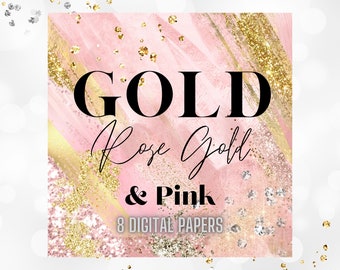 Glam Rose Gold Digital Paper - Watercolor Glitter Stripe Backgrounds - pink Stripes Canva Instagram Background Papers, pink gold template