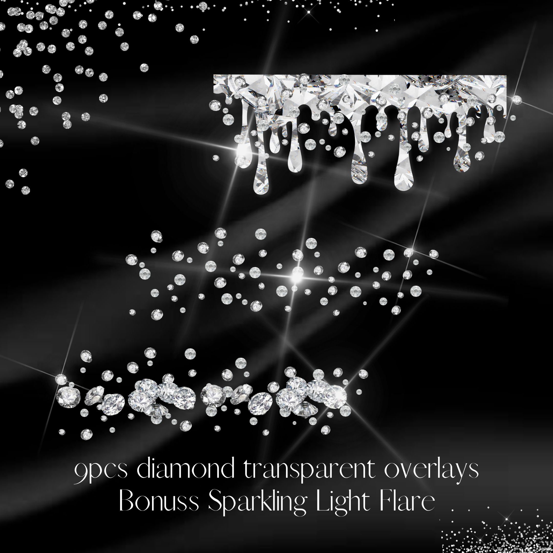Pack de clipart de overlays de diamante – Marcos de strass brillantes, confeti y trazos PNG