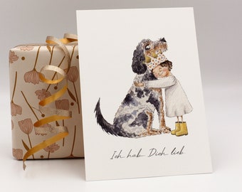 Tarjeta de "Te amo" | Postal de perro y niño en acuarela | Tarjeta de San Valentín | Regalo para ahijado/a