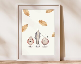 Póster infantil de escarabajos A4 | Decoración forestal para habitación infantil | Ilustración de acuarela de insectos | Arte mural natural