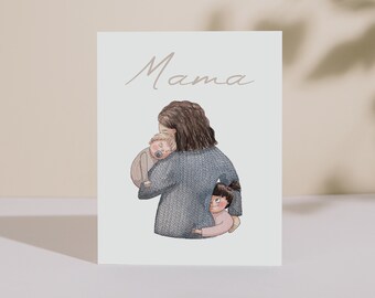 Postal para mamá | Mamá en acuarela con dos hijos | Tarjeta del Día de la Madre | Tarjeta de cumpleaños para mamá | Gracias, mamá