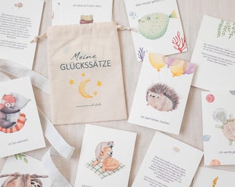 Tarjetas de afirmación para niños: fortalecen la autoestima y los sentimientos | 16 tarjetas con textos explicativos + bolsita de algodón | Regalo para niños