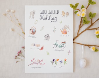 Póster de las estaciones de primavera (DIN A3) para habitación infantil | Arte mural Montessori | Decoración primaveral | Mesa de temporada | Acuarela