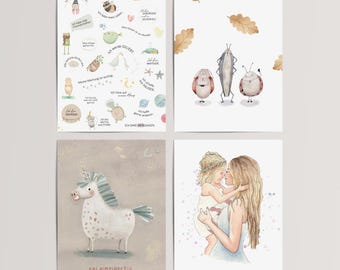 Set de pósteres A4 (4 piezas): elige tus propios diseños | Afirmaciones e ilustraciones encantadoras para la habitación infantil