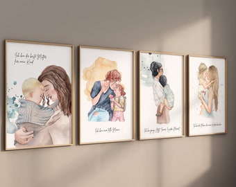 Juego de 4 pósteres de afirmación para madres | Pósteres de acuarela para madre e hijo | Regalo para el Día de la Madre