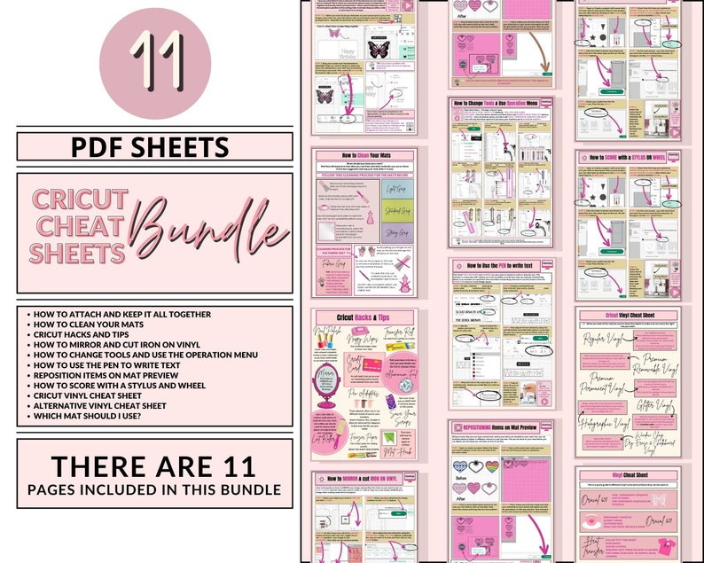 K&ouml;nnte beinhalten: Ein digitales Download-Paket mit 11 Cricut-Spickzetteln in Rosa und Wei&szlig;. Die Spickzettel enthalten Tipps und Tricks f&uuml;r die Verwendung einer Cricut-Maschine, darunter das Anbringen und Zusammenhalten von Vinyl, das Reinigen Ihrer Matten, Cricut-Hacks und -Tipps, das Spiegeln und Schneiden von B&uuml;geleisen auf Vinyl, das &Auml;ndern von Werkzeugen und die Verwendung des Betriebsmen&uuml;s, das Schreiben von Text mit dem Stift, das Neupositionieren von Elementen in der Mattenvorschau, das Ritzen mit einem Stift und einem Rad, ein Cricut-Vinyl-Spickzettel, ein alternativer Vinyl-Spickzettel und welche Matte Sie verwenden sollten.