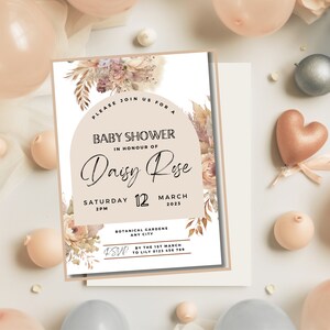 Boho Blumen-Babyparty-Einladungsvorlage: Cremefarbenes botanisches Design (bearbeitbare Leinwand, digitaler Download)