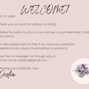 K&ouml;nnte beinhalten: Eine Willkommensnachricht von Jodie, einer Etsy-Verk&auml;uferin, mit einem floralen Design und dem Text "Papercraft Gigi". Die Nachricht ermutigt K&auml;ufer, den Shop zu favorisieren, um neue Artikel zu sehen, und bietet Hilfe bei Fragen oder Problemen.