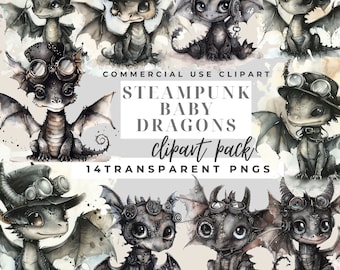 May include: A set of 14 digital clipart images featuring cute, cartoon baby dragons with steampunk-inspired goggles and hats. The dragons are drawn in a watercolour style with black and grey tones. The text "STEAMPUNK BABY DRAGONS clipart pack 14 TRANSPARENT PNGS" is included in the image.