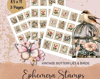 Vögel und Schmetterlinge Vintage Junk Journal Ephemera - Scrapbooking - Antike Briefmarken - Shabby Chic