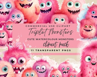 Playful Pink Monster Watercolor Clip Art - Triplet & Bonus Quadruplet PNGs (300dpi)