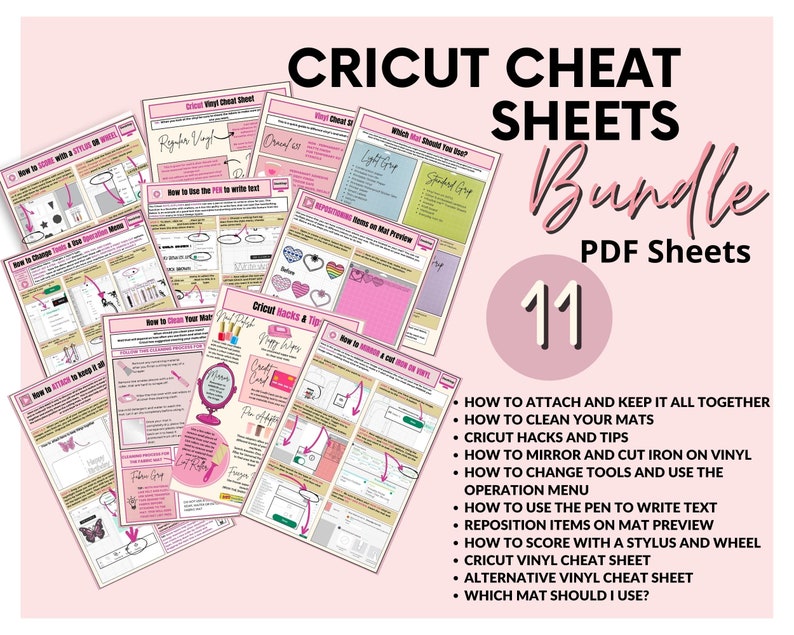 K&ouml;nnte beinhalten: Ein digitales Download-Paket mit 11 Cricut-Spickzetteln in Rosa und Wei&szlig;. Die Spickzettel enthalten Tipps und Tricks f&uuml;r die Verwendung einer Cricut-Maschine, darunter wie man alles zusammenf&uuml;gt und befestigt, wie man die Matten reinigt, Cricut-Hacks und -Tipps, wie man Vinyl spiegelt und schneidet, wie man Werkzeuge wechselt und das Betriebsmen&uuml; verwendet, wie man den Stift zum Schreiben von Text verwendet, wie man Elemente in der Mattenvorschau neu positioniert, wie man mit einem Stift und einem Rad ritzt, das Cricut-Vinyl-Spickzettel, das alternative Vinyl-Spickzettel und welche Matte man verwenden sollte.