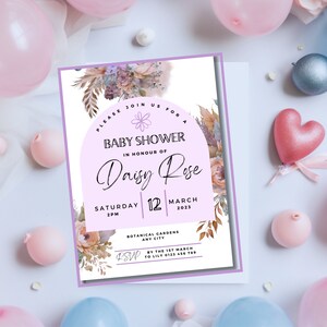 Enchanting Floral Boho Lilac Baby Shower  Canva Invitation Editable Template Whimsical Botanical Theme Instant Download