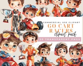 Clipart de corrida de kart: meninos vermelhos correndo, troféus (download digital PNG e JPEG)
