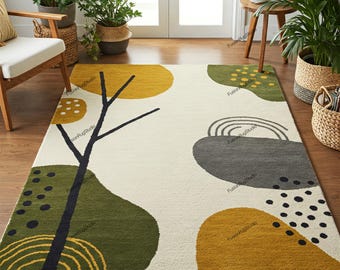 Handmade Wool Tufted Rug: Natural Tree Design, Modern Decor