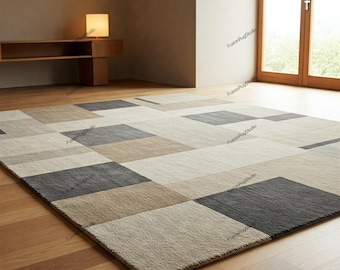 Alfombra de lana tejida a mano: diseño geométrico moderno, textura suave.