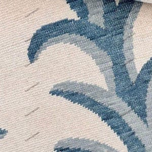 Alfombra de lana Oushak anudada a mano: diseño de hojas blancas y azules