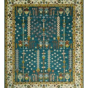 9x12 Modern oushak hand knotted  green colour rug tree of life in newzealand wool for living room kids room, office lovry area rug,12x15