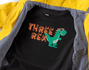 May include: Black t-shirt with a green dinosaur wearing sunglasses and the text "THREE REX" in orange and brown letters.