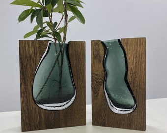 Handmade Minimalist Resin and Wood Vase Indoor Wood Epoxy Flower pot / Planter / Decorative Wooden Pots Vase Flower Vase New Home Gift
