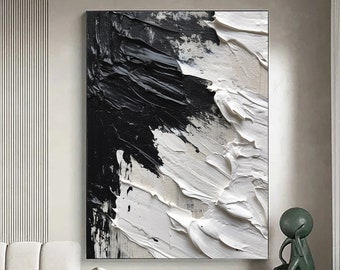 Large Abstract Black And White Oil Painting,3D Textured Painting,Black White Wall Art,Modern Minimalist Hand Black And White Canvas Painting