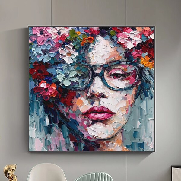 Figure Abstract Painting,Abstract Woman Figure Oil Painting,Figure Painting,Flower on Female Head,Woman Wearing Flower,Woman and Flower,Deco