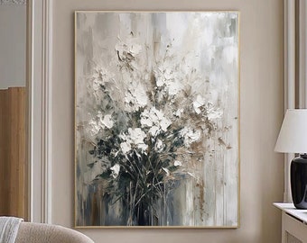 Large Abstract White Gray Flower Oil Painting,Flower Painting,Minimalist Floral Wall Art,Flower Textured Painting,Custom Living Room Decor