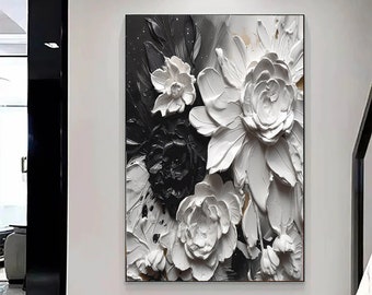 3D Hand Painted Canvas Flower Oil Painting,Black and White Flower Wall Art,3D Black and White Painting,Thick Texture Black and White Flower