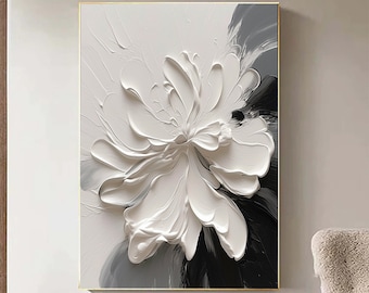 Original Black and White Flower Wall Art,Black White Flower,White 3D Floral Painting,3D Textured Abstract Floral Wall Art,Floral Wall Decor