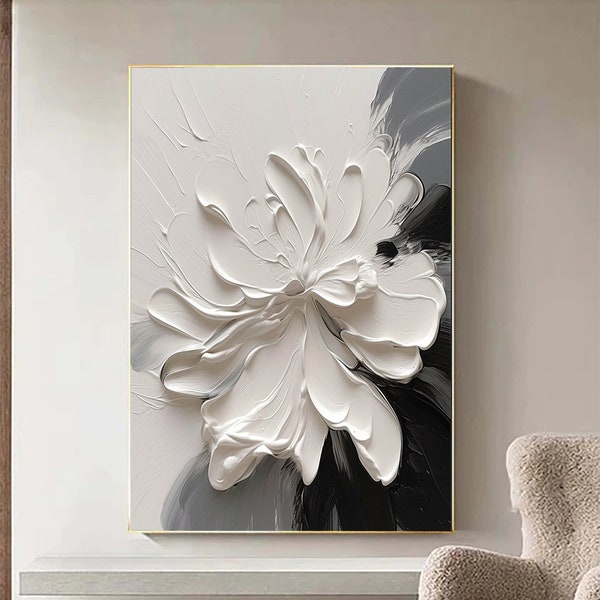 Original Black and White Flower Wall Art,Black White Flower,White 3D Floral Painting,3D Textured Abstract Floral Wall Art,Floral Wall Decor