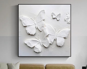 White Butterfly Oil Painting,100% Hand Painted 3D Abstract Butterfly Painting,Butterfly Canvas Wall Art,White Butterfly,3D Textured,Decor