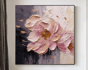 Abstract Pink Flower oil Painting On Canvas,3D Textured Floral Oil Painting,Flower Botanical Landscape Art,Living Room Spring Wall Decor