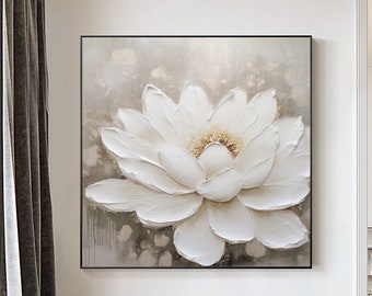 Large White Flower Abstract Painting,3D White Flower Oil Painting on Canvas,Palette Knife Floral 3D Textured ,Modern Living Room Home Decor