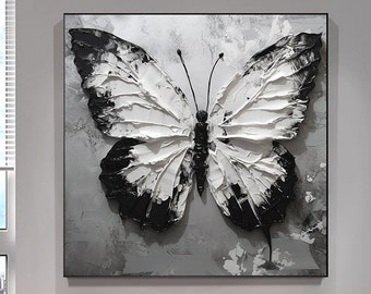 Original Abstract 3D Texture Butterfly Oil Painting,Black and White Butterfly Painting,Butterfly Art,Black and White Wall Art,Butterfly Deco