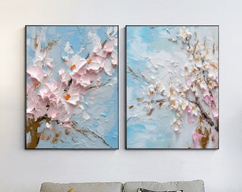 2P Blooming Sakura Original Oil Painting,Sakura,Spring Decor,Large Cherry Blossom Landscape Canvas Wall Art,3D Nature Home Wall Decor Gift