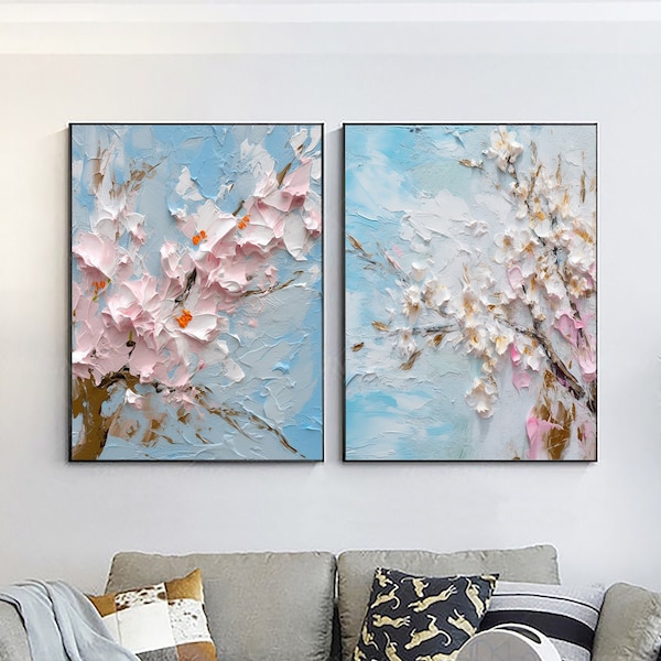 2P peinture à l'huile originale Sakura en fleurs, Sakura, décoration de printemps, grande toile d'art mural paysage de fleurs de cerisier, cadeau de décoration murale 3D nature