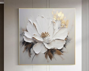 3D Hand Painted Canvas Flower Art,White Textured Flower Oil Painting,3D White Flowers Oil Painting,White Palette Knife Art,Floral Wall Decor