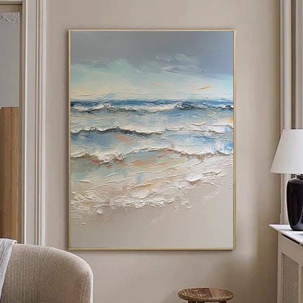 Abstract Original Beach Oil Painting On Canvas,Large Wall Art,Textured Waves Oil Painting,Custom Textured Beach Painting,Living Room Decor
