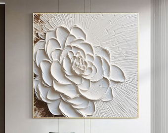 3D White Flower oil Painting on Canvas,Original Abstract 3D White Flower Oil Painting,Palette Knife Acrylic Painting,Floral Wall Art Decor