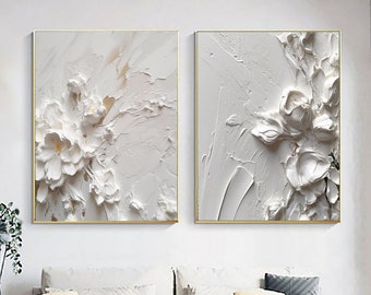 2P Original Abstract 3D White Flower Oil Painting on Canvas,Large White Flower Oil Painting,3D Creamy Textured Wall Art,White Wall Home Deco
