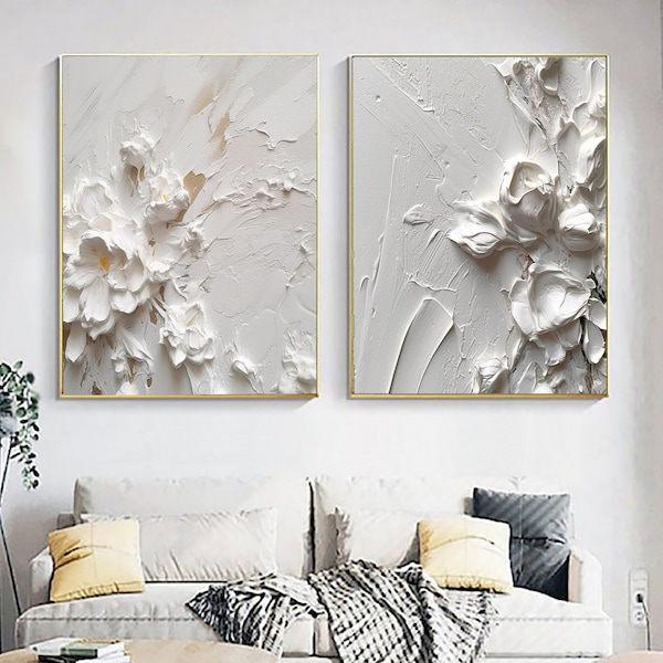 2P Original Abstract 3D White Flower Oil Painting on Canvas,Large White Flower Oil Painting,3D Creamy Textured Wall Art,White Wall Home Deco