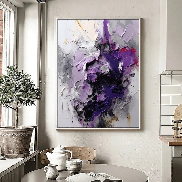 Peinture à l'huile violette abstraite originale sur toile, peinture abstraite violet noir, art texturé violet, art mural violet, art toile violet fait main
