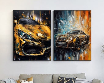 2P Abstract Car Original Oil Painting On Canvas,Car Wall Art,Modern Car Art,Car Lover Gift,Office,Living Room,Racing Club Wall Home Decor