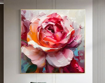 Large Pink Red Rose Original Flower Oil Painting On Canvas,Abstract Rose Floral Canva Texture Knife Painting,3D Abstract Rose Wall Art Decor