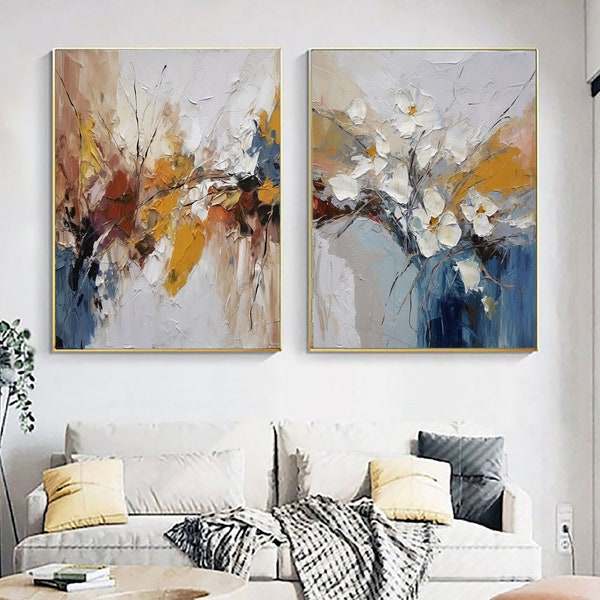 Set of 2 Large Original Paintings,Blue and Yellow Abstract Oil Painting,Multicolour Wall Art,Boho oil painting,3D Floral Texture Painting