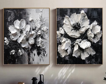 2P Black and White Flower Wall Art,White Black 3D Textured Painting on Canvas,Heavy Textured White Floral Art,Living Room Floral Wall Decor