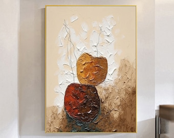 Original Abstract Apple Oil Painting,Brown Abstract  Canvas Wall Art,Modern Minimalist Acrylic Abstract Oil Painting,Neutral Abstract Decor