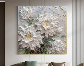 Original 3D Floral Canvas Wall Art,White Flower Oil Painting,3D Textured Palette Knife Painting,White Floral Wall Art,Living Room Home Decor